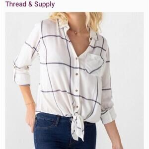 Thread Supply White Burgundy Plaid Button Down Shirt Tie Front Long Sleeve‎ XL